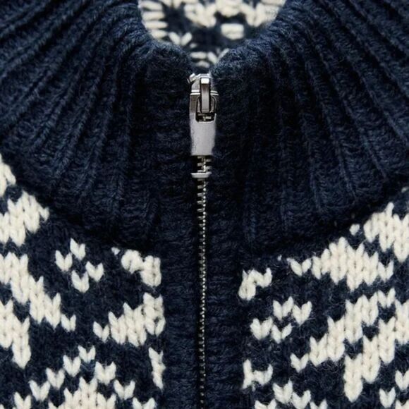 Navy White Zara Fair Isle Cable Knit Zip Front Collared Cardigan Sweater, NWT - Picture 2 of 9